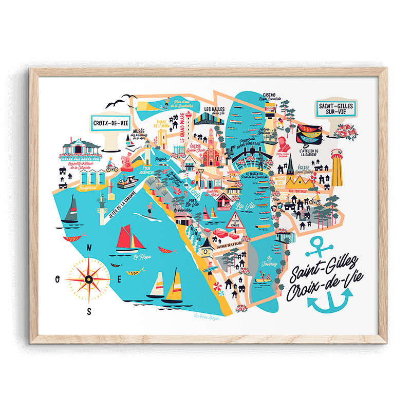 Affiche SAINT-GILLES-CROIX-DE-VIE Plan carte ville beau bazar