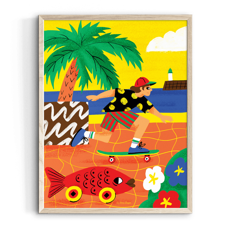 Affiche Illustrée – Skateur & Poisson à Roulettes | Le Beau Bazar