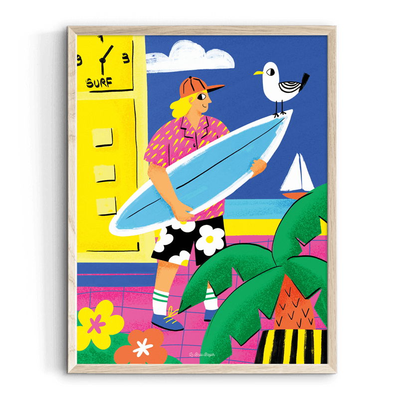 Affiche Illustrée – Surfeur & Mouette à la Pendule | Le Beau Bazar